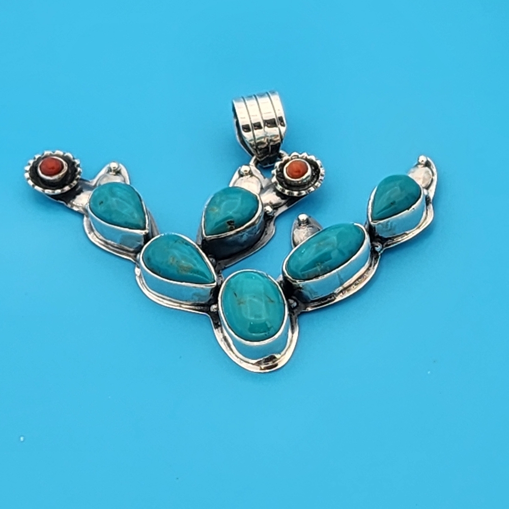 Sterling, Turquoise, and Coral Cactus Pendant